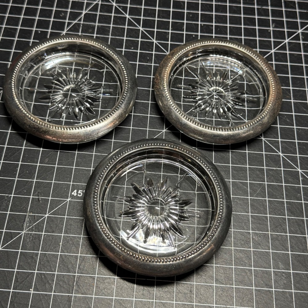 Vintage Leonard Silverplate Glass Coasters Set of 3 Italy Starburst Barware 4in